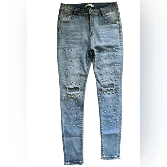 Runway Denim - Runway Paris Vintage Style Pearl Embellished Skinny Jeans Sz L (Fits US 10/12)